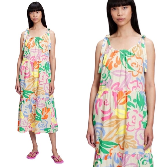 GAP | Tie Shoulder Tiered Midi Dress - Picture 1 of 3
